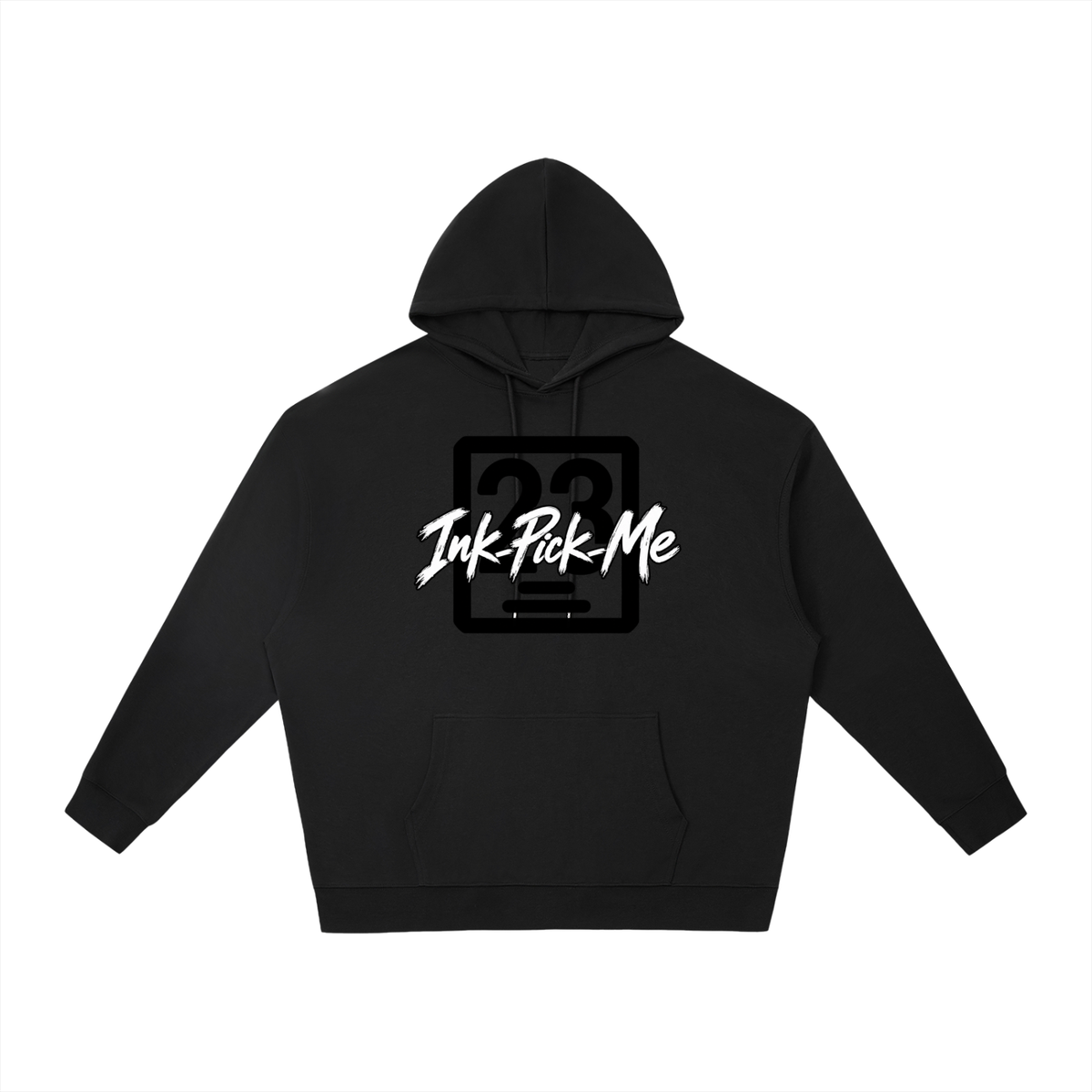 Black oversized hoodie featuring a front kangaroo pocket and graphic text "Ink Pick Me" with a number design.