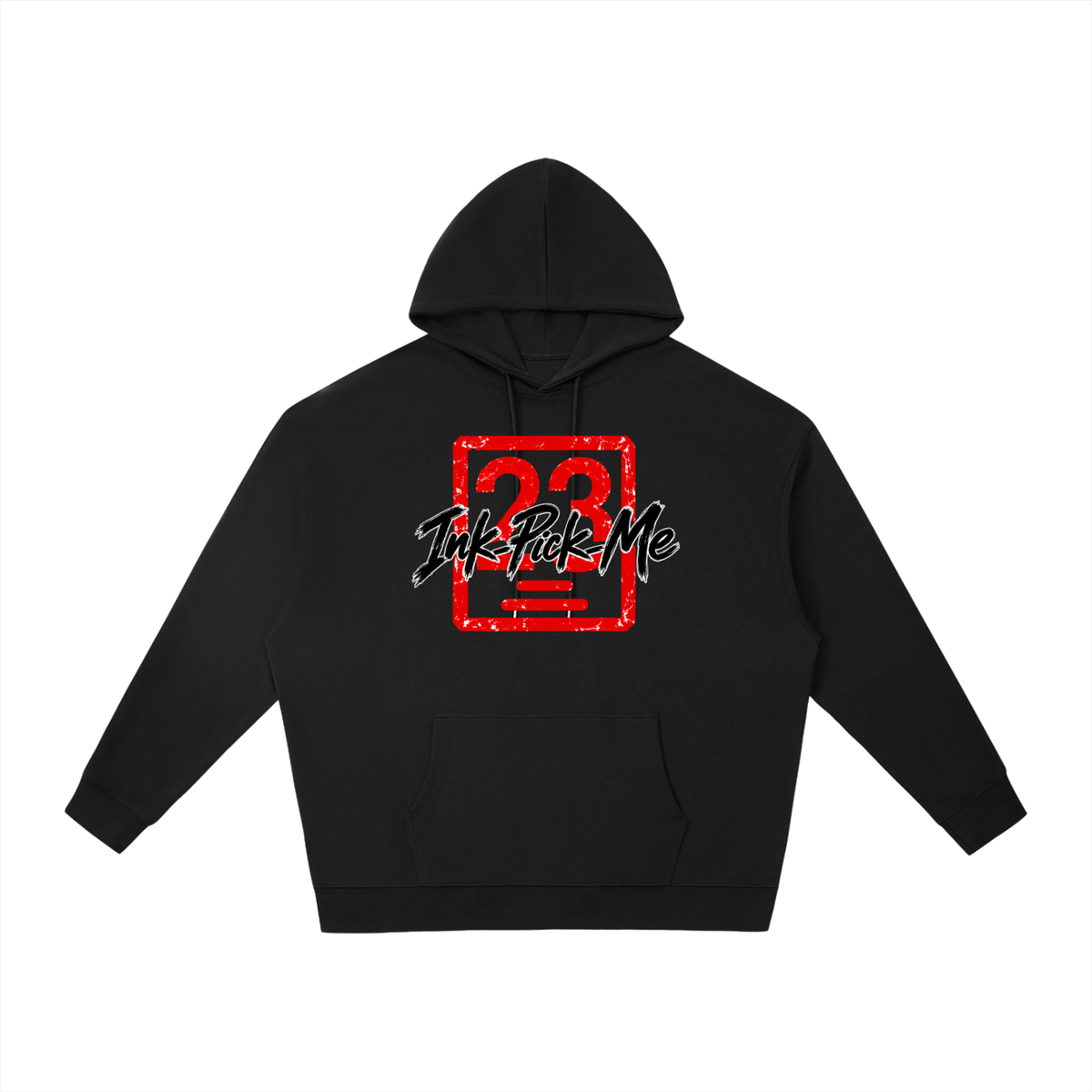 Black oversized hoodie featuring a prominent red graphic design with "Ink Pick Me" and a Daruma motif. Includes a kangaroo pocket.