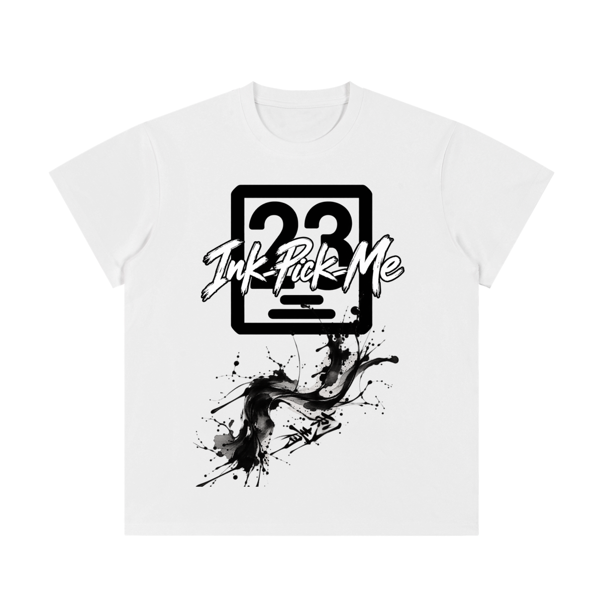 White unisex crewneck t-shirt featuring a bold black graphic with "Ink Pick Me" and splatter design. Regular fit.