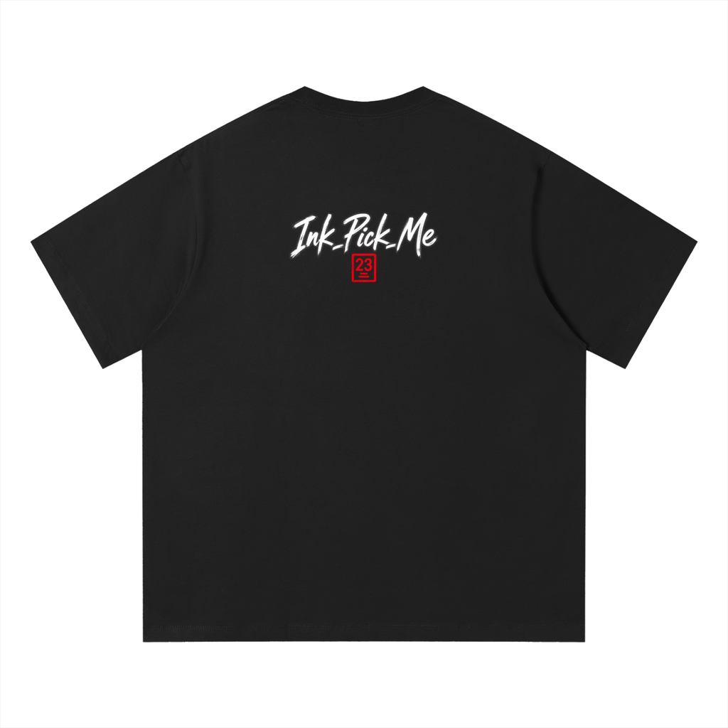 Black unisex t-shirt featuring “Ink Pick Me” logo and red stamp detail on back, made from soft organic cotton.