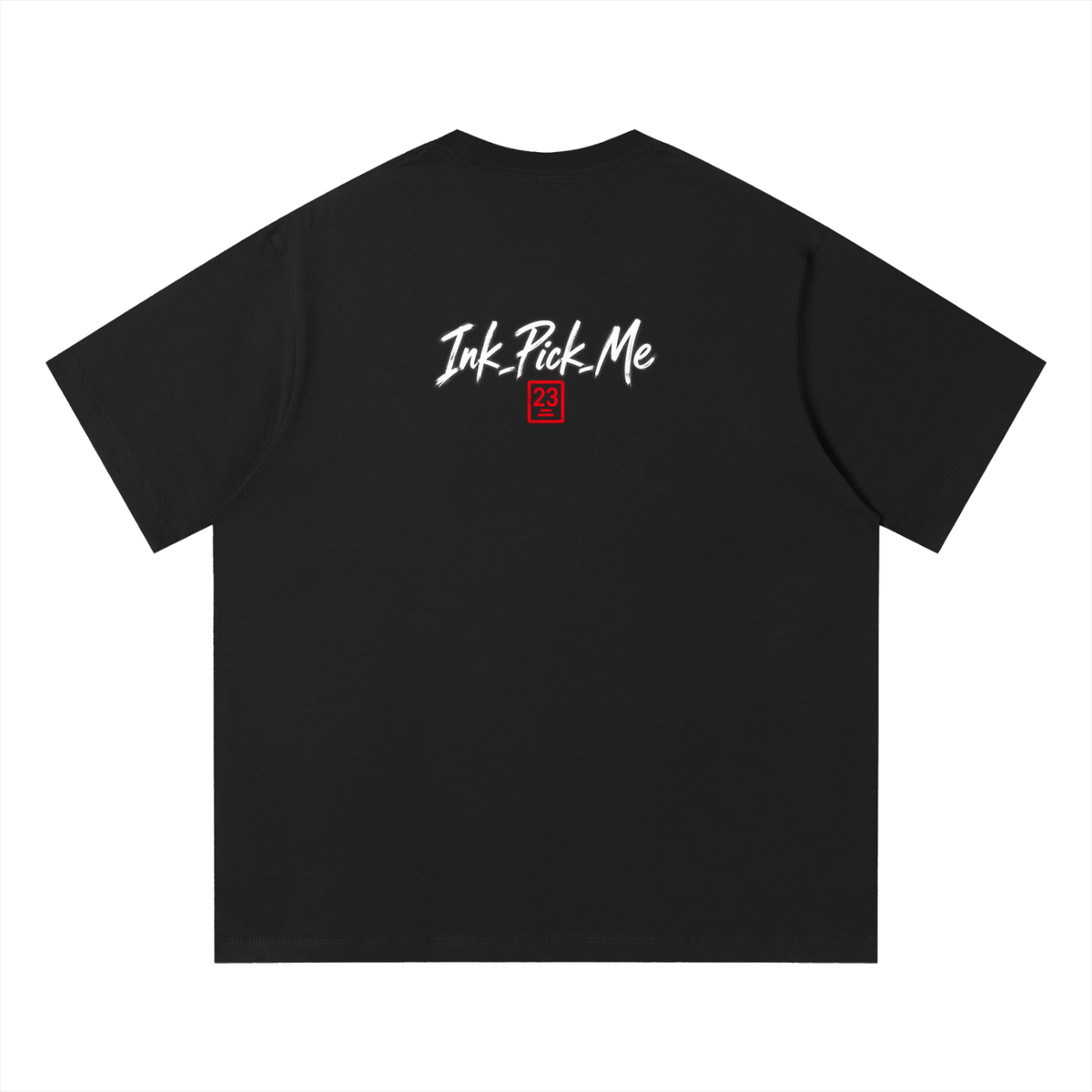 Black unisex t-shirt featuring “Ink Pick Me” logo and red stamp detail on back, made from soft organic cotton.