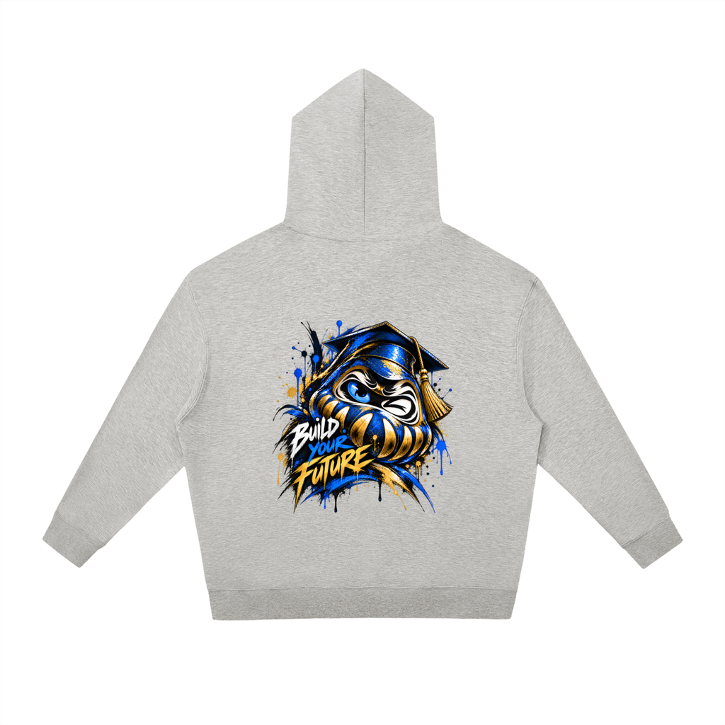 Daruma Future Streetwear hoodie in heather gray features a colorful graphic on the back and a relaxed fit with a hood.