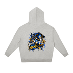 Daruma Future Streetwear hoodie in heather gray features a colorful graphic on the back and a relaxed fit with a hood.