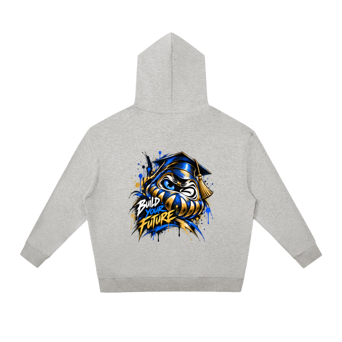 Daruma Future Streetwear hoodie in heather gray features a colorful graphic on the back and a relaxed fit with a hood.