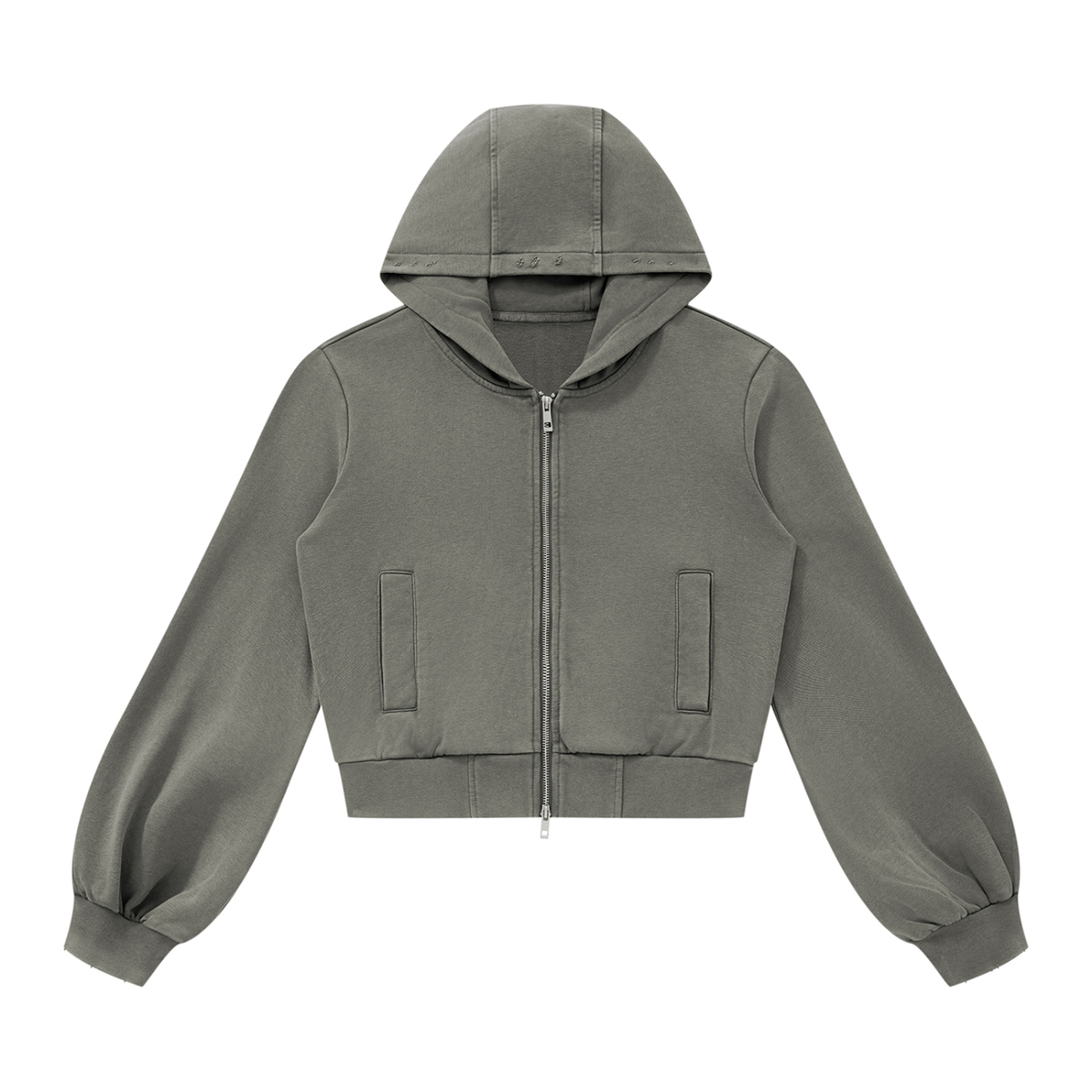 Hoodie zippé court délavé gris foncé Ink Pick Me, manches bouffantes – vue de face
