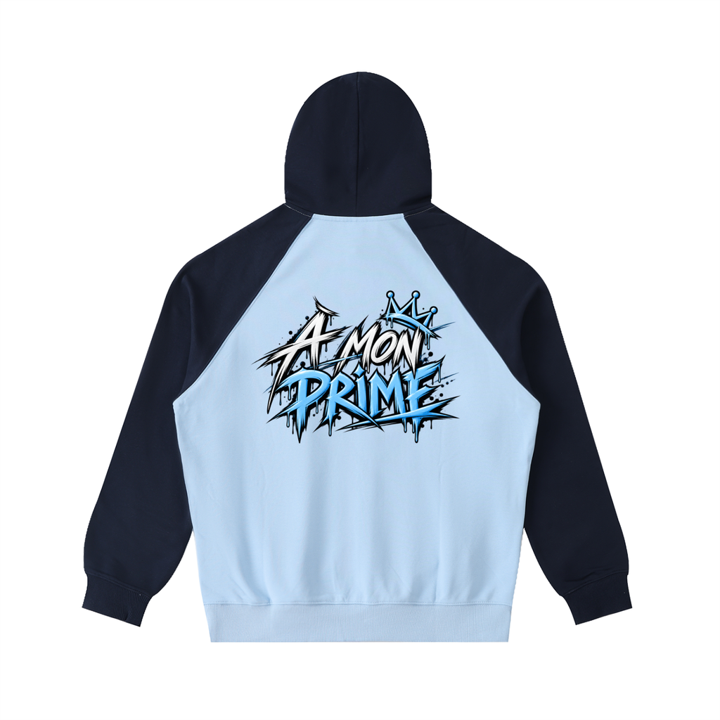 Hoodie oversize Urban Crown Ink Pick Me bleu ciel et bleu marine, graffiti « A MON PRIME » – vue de dos