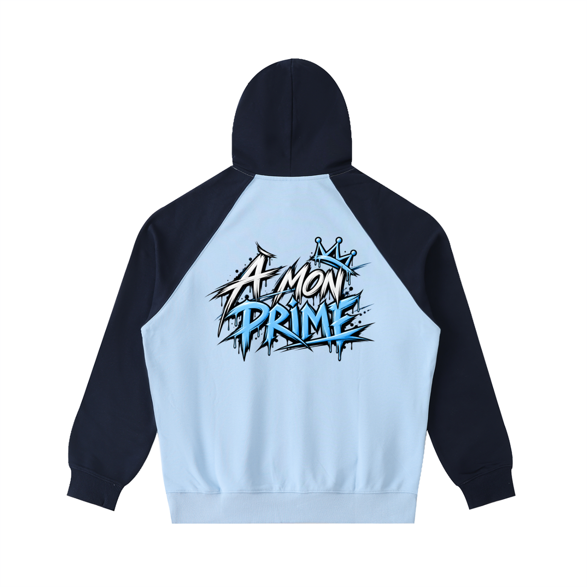Hoodie oversize Urban Crown Ink Pick Me bleu ciel et bleu marine, graffiti « A MON PRIME » – vue de dos