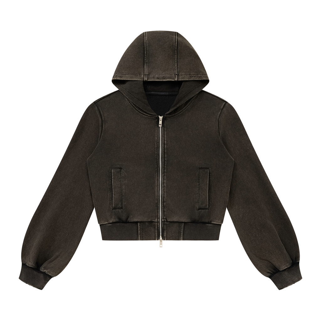 Hoodie zippé court délavé noir Ink Pick Me, épaules tombantes – vue de face