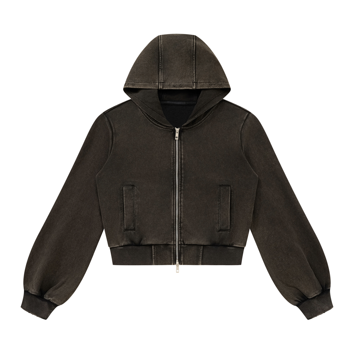 Hoodie zippé court délavé noir Ink Pick Me, épaules tombantes – vue de face