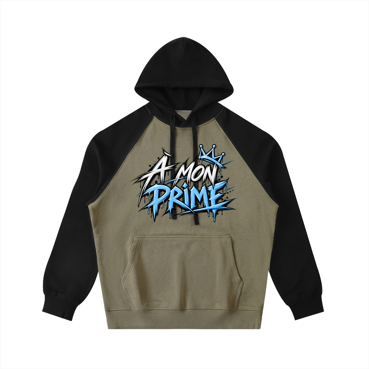 Hoodie oversize Urban Crown Ink Pick Me gris-vert à manches noires, graffiti bleu