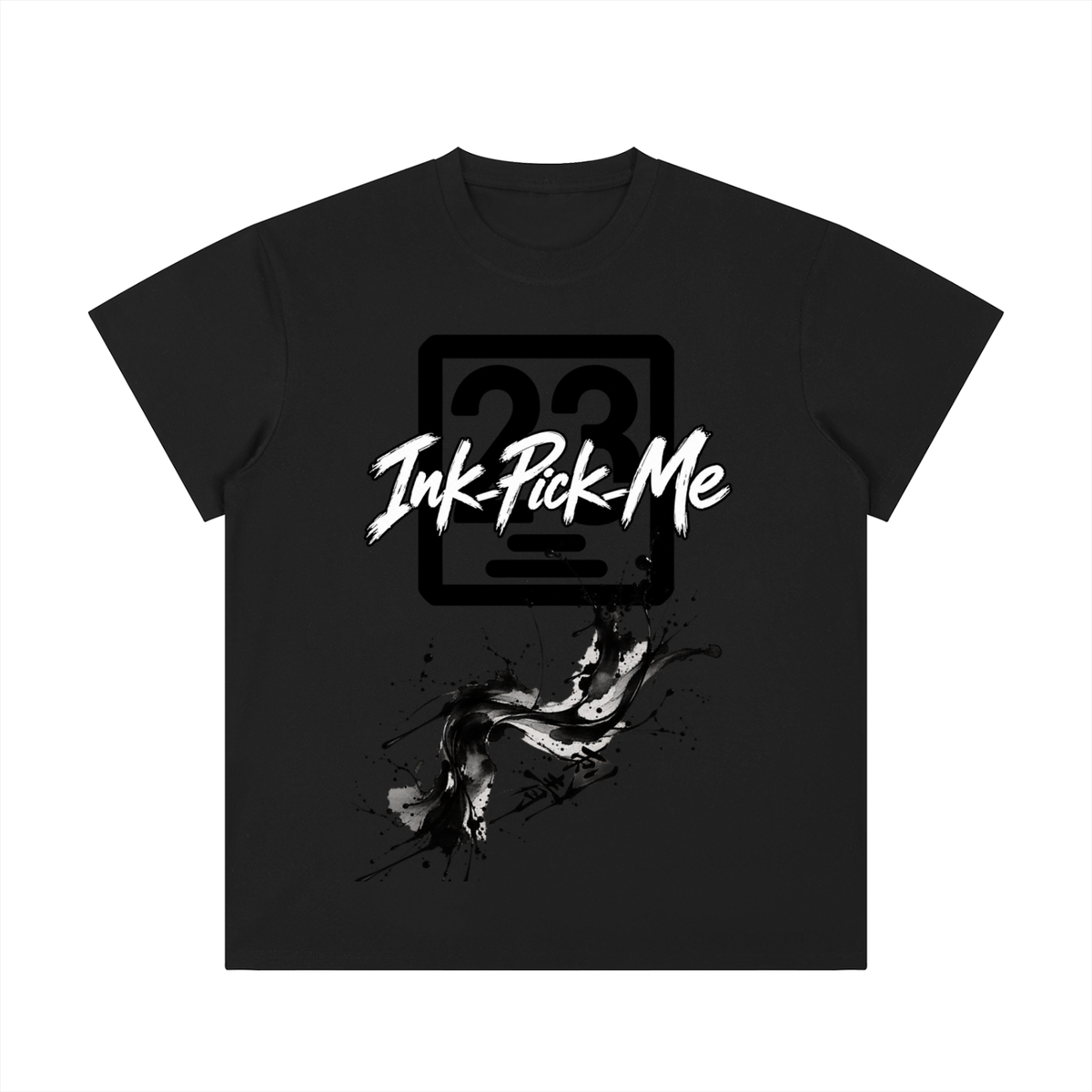 Black unisex crewneck t-shirt featuring the “Ink Pick Me” logo and abstract paint splatter design on the front.