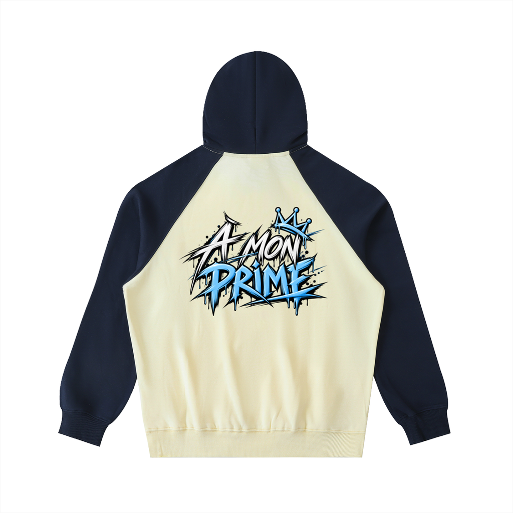 Hoodie oversize Urban Crown Ink Pick Me abricot clair et bleu marine, graffiti « A MON PRIME » – vue de dos