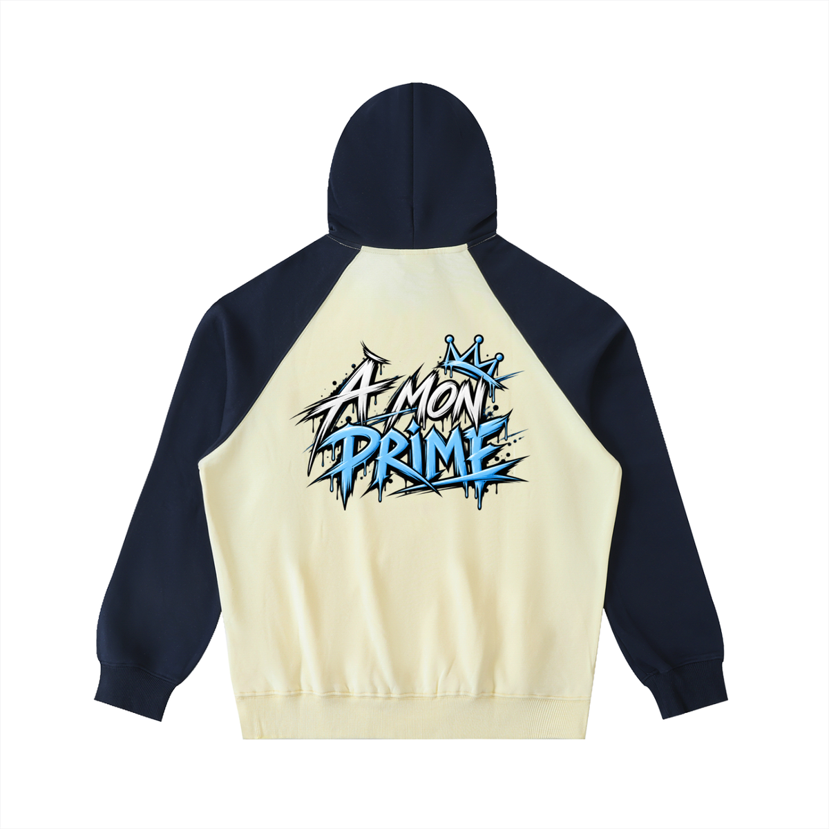 Hoodie oversize Urban Crown Ink Pick Me abricot clair et bleu marine, graffiti « A MON PRIME » – vue de dos