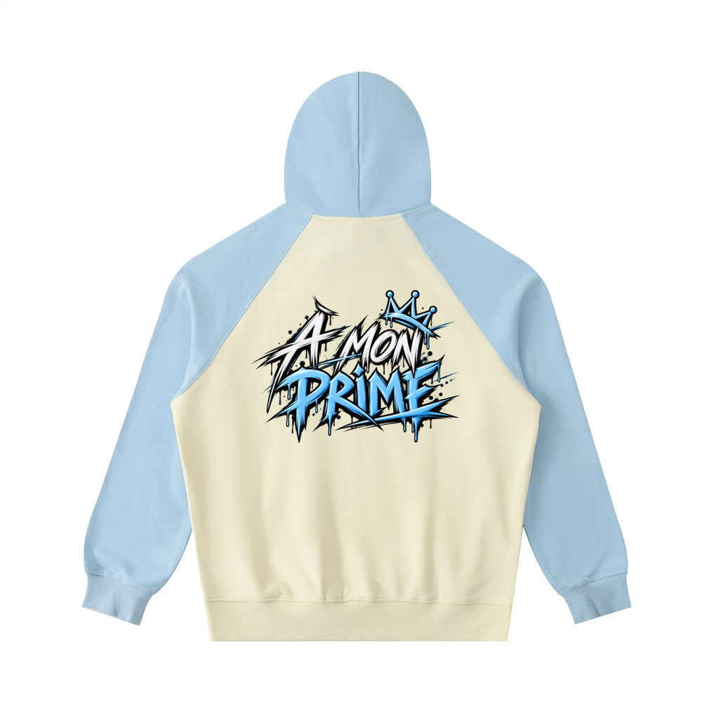 Hoodie oversize Urban Crown Ink Pick Me abricot clair et bleu ciel, graffiti « A MON PRIME » – vue de dos
