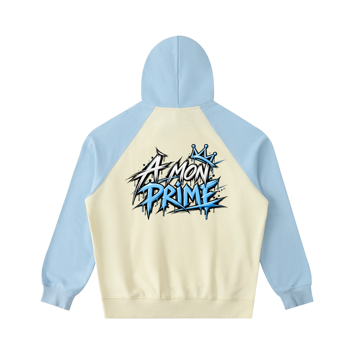 Hoodie oversize Urban Crown Ink Pick Me abricot clair et bleu ciel, graffiti « A MON PRIME » – vue de dos