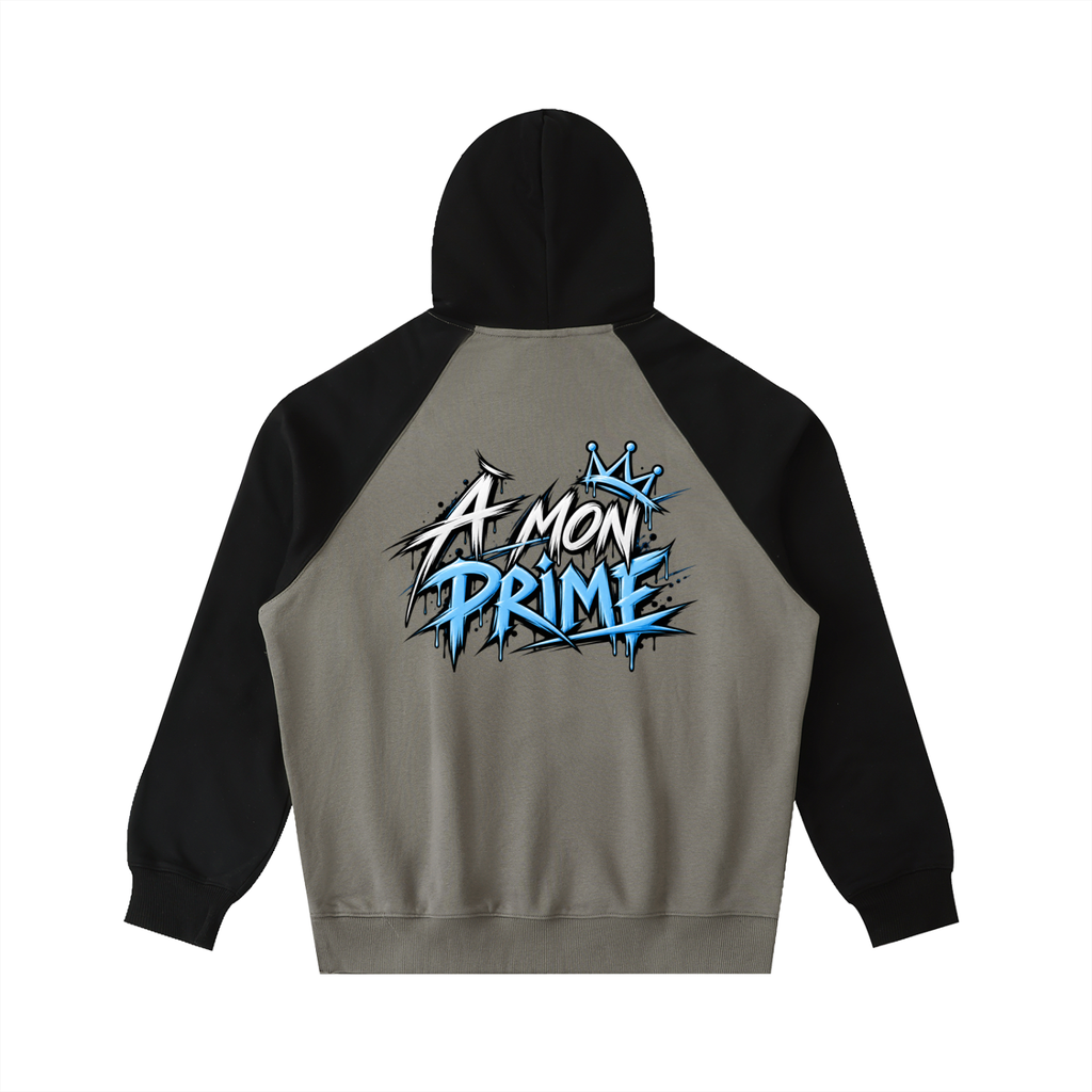 Hoodie oversize Urban Crown Ink Pick Me gris à manches raglan noires, graffiti « A MON PRIME » bleu