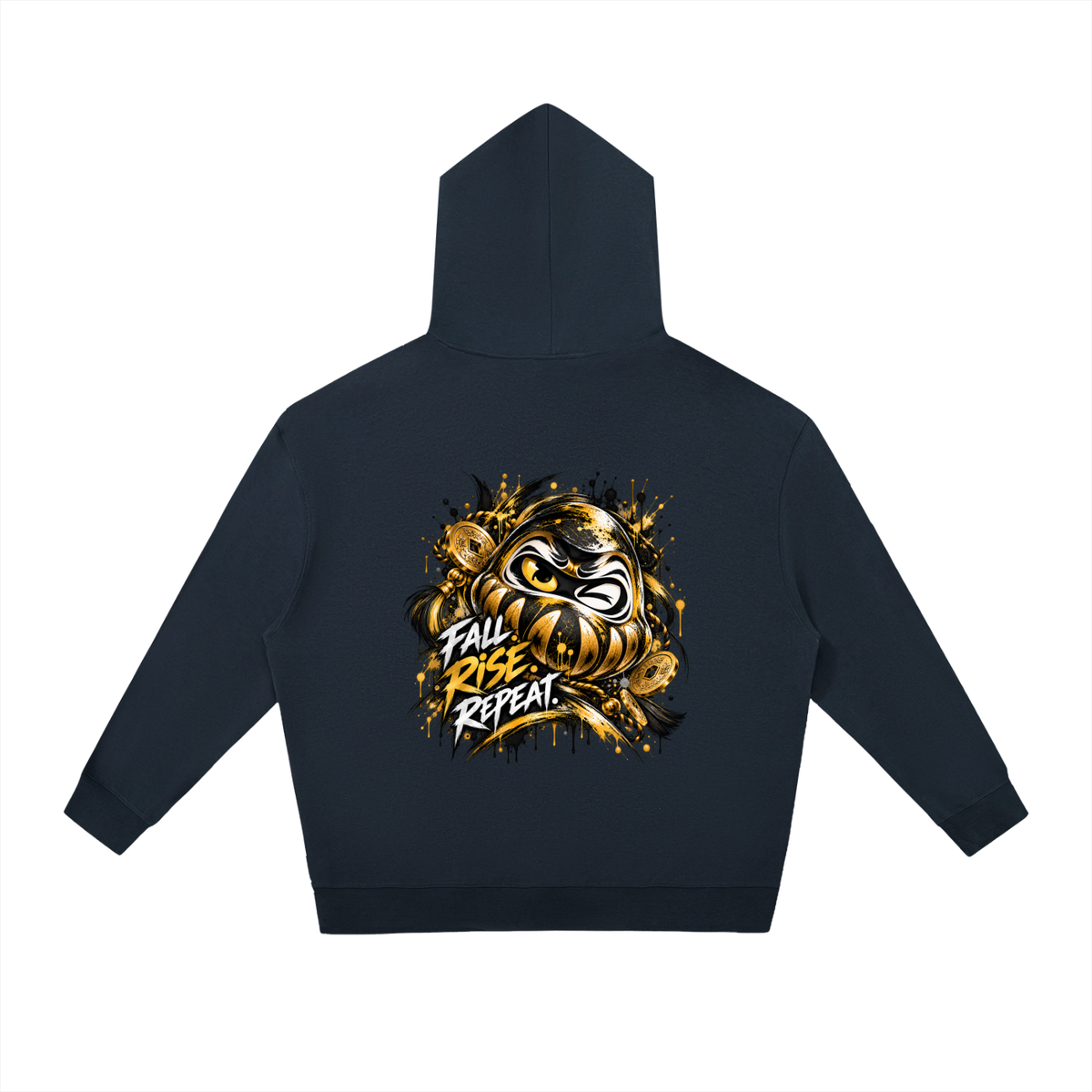 Oversized dark hoodie with a drawstring, featuring a gold graphic of a Daruma doll and the text "FALL RISE REPEAT" on the back.