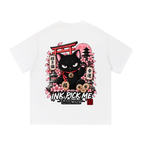 White oversized t-shirt featuring a graphic of a black cat surrounded by cherry blossoms and Japanese symbols.