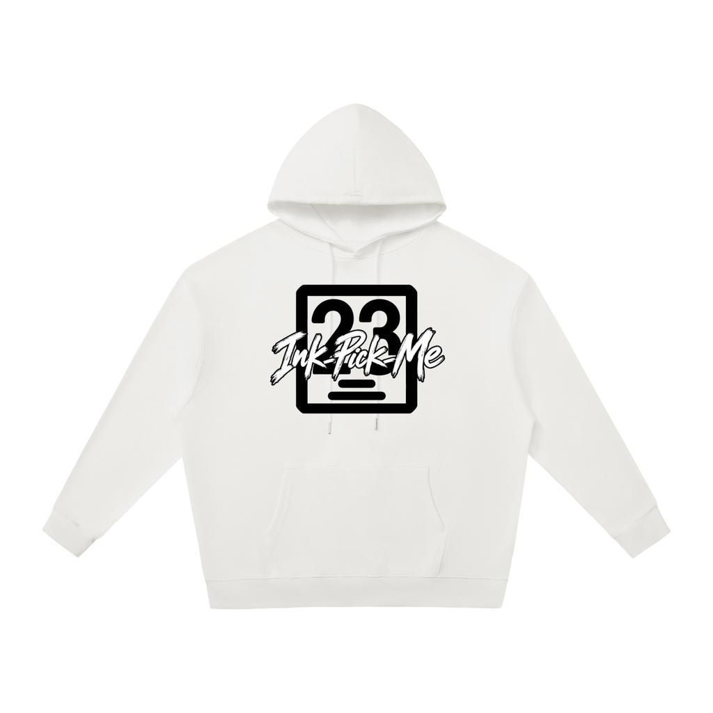 White unisex hoodie with a relaxed fit, featuring a large graphic print of the number "23" and "Ink Pick Me" on the chest.