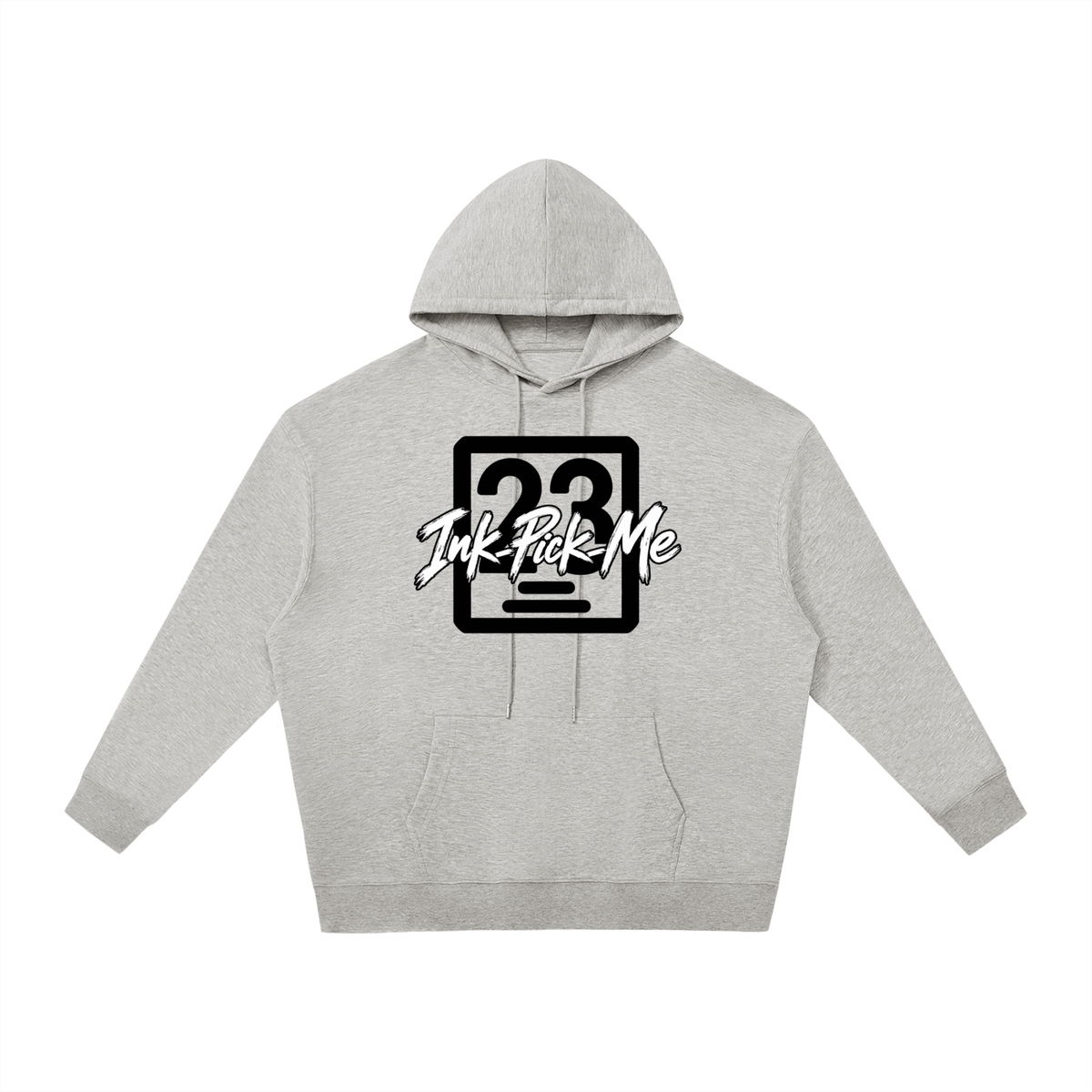 Light gray oversized hoodie featuring a front kangaroo pocket, adjustable drawstrings, and a bold graphic print.