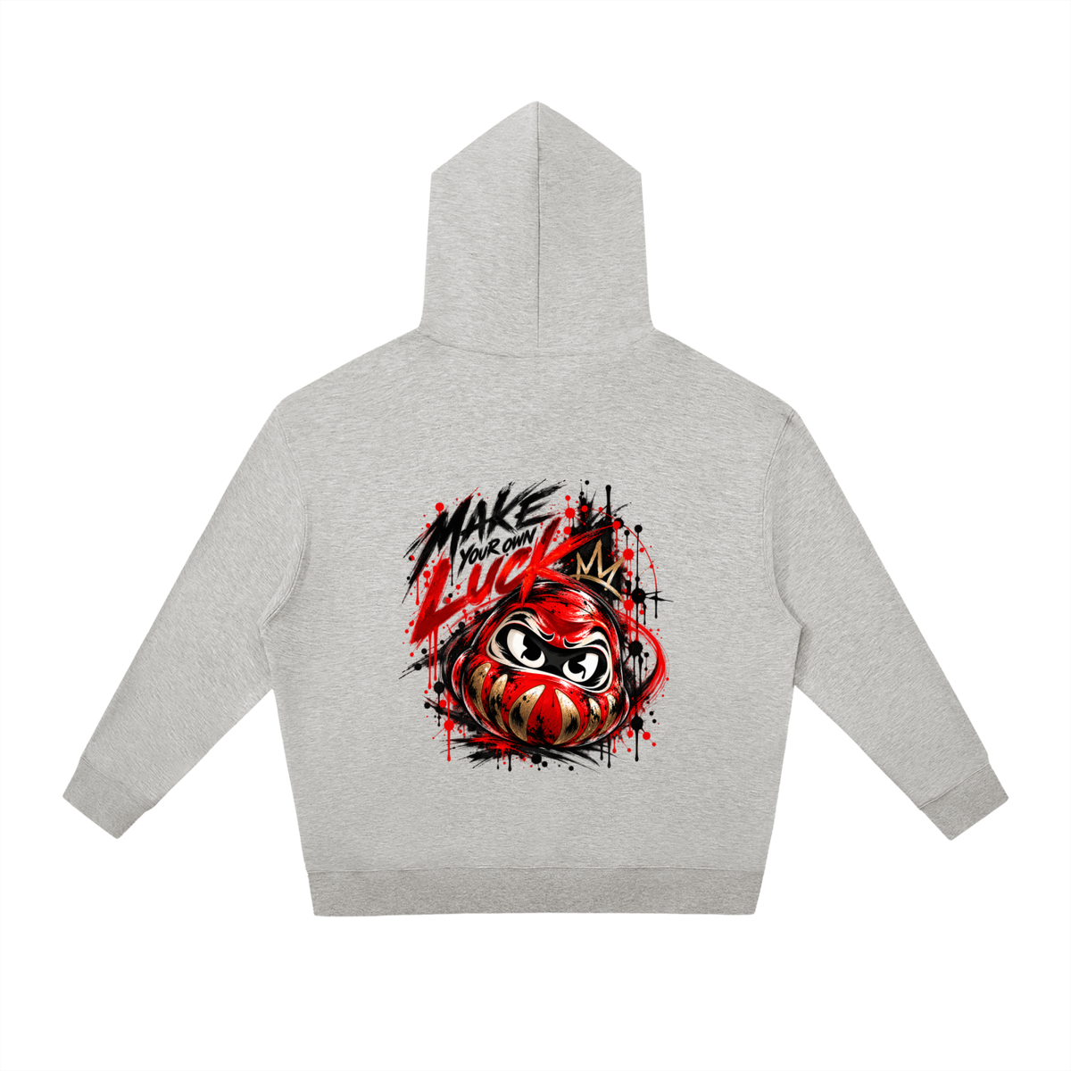 Gray unisex oversized hoodie featuring a colorful Daruma graphic, with "MAKE YOUR OWN LUCK" text on the back.