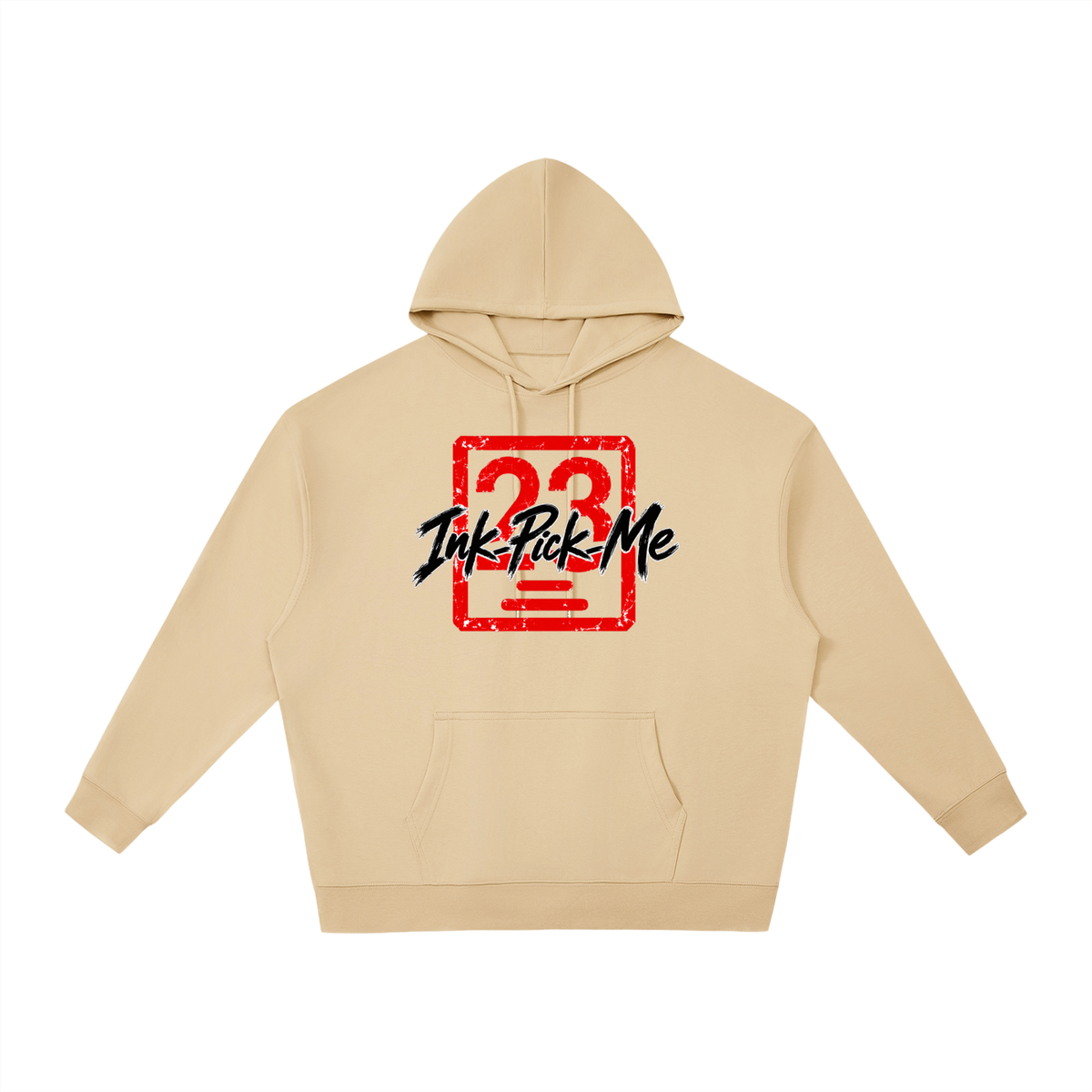 Beige oversized hoodie featuring a red and black graphic with "Ink Pick Me" and a Daruma design, including a kangaroo pocket.