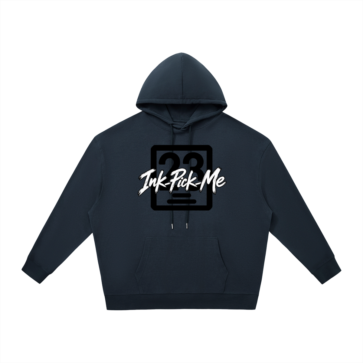 Oversized navy hoodie with a front kangaroo pocket, graphic print featuring "Ink Pick Me" and the number 23.