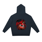 Unisex oversized hoodie in navy featuring a colorful Daruma design and "MAKE YOUR OWN LUCK" graphic on the back.