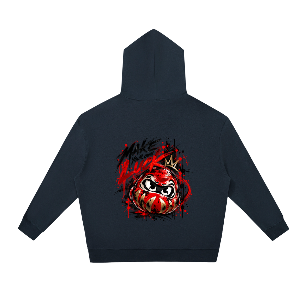Unisex oversized hoodie in navy featuring a colorful Daruma design and "MAKE YOUR OWN LUCK" graphic on the back.