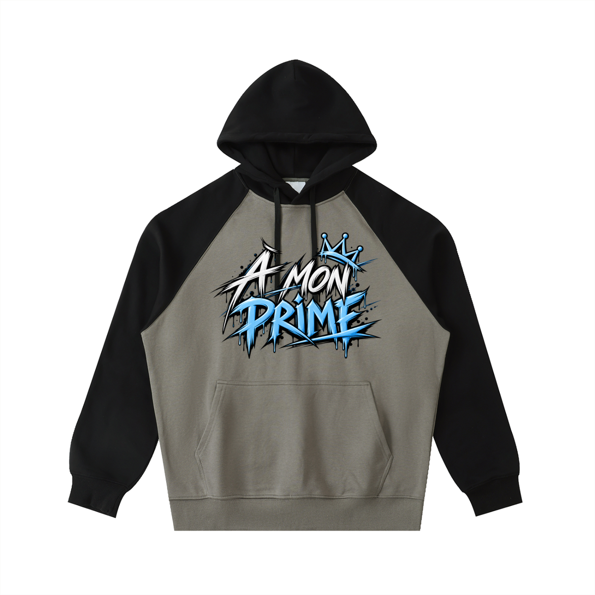 Hoodie oversize Urban Crown Ink Pick Me gris à manches noires, graffiti bleu