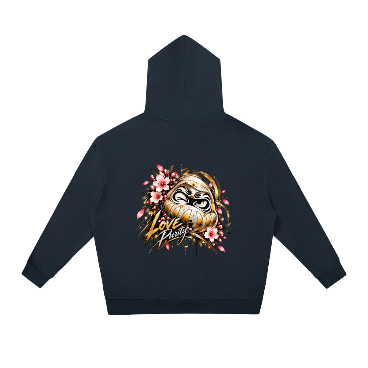 Oversized dark navy hoodie featuring a Daruma design accented with cherry blossoms and the text "Love Purity" on the back.
