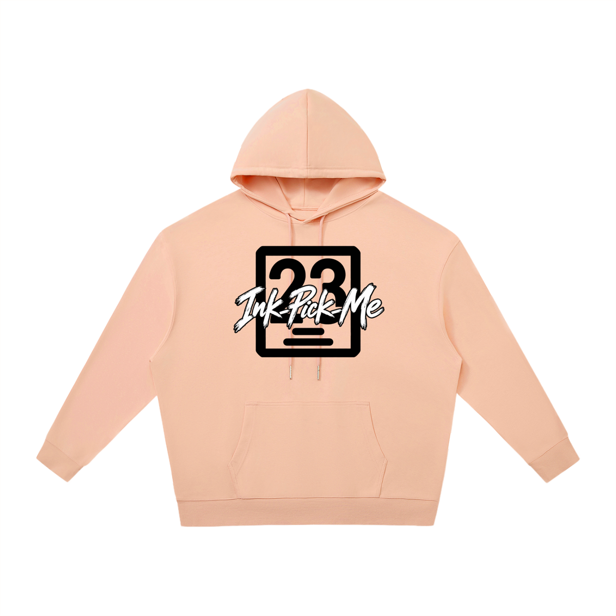 Peach oversized hoodie with a large black graphic featuring "23" and "Ink Pick Me," and a classic kangaroo pocket.