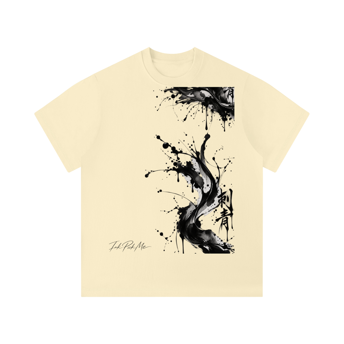 Cream-colored unisex T-shirt with a bold black ink splash design and kanji text on the front. Regular fit and short sleeves.