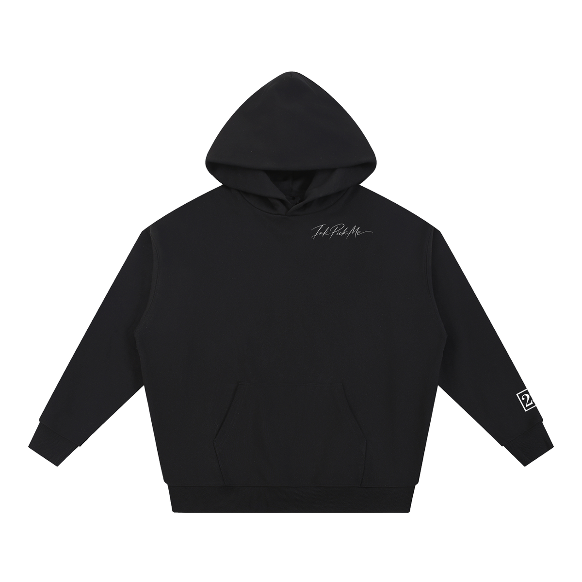 Hoodie oversize Torii 23 noir Ink Pick Me, signature poitrine et visuel sur la manche – vue de face