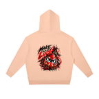 Daruma Luck graphic hoodie in soft peach, featuring an oversized fit and drop shoulders. Back design includes bold text and art.