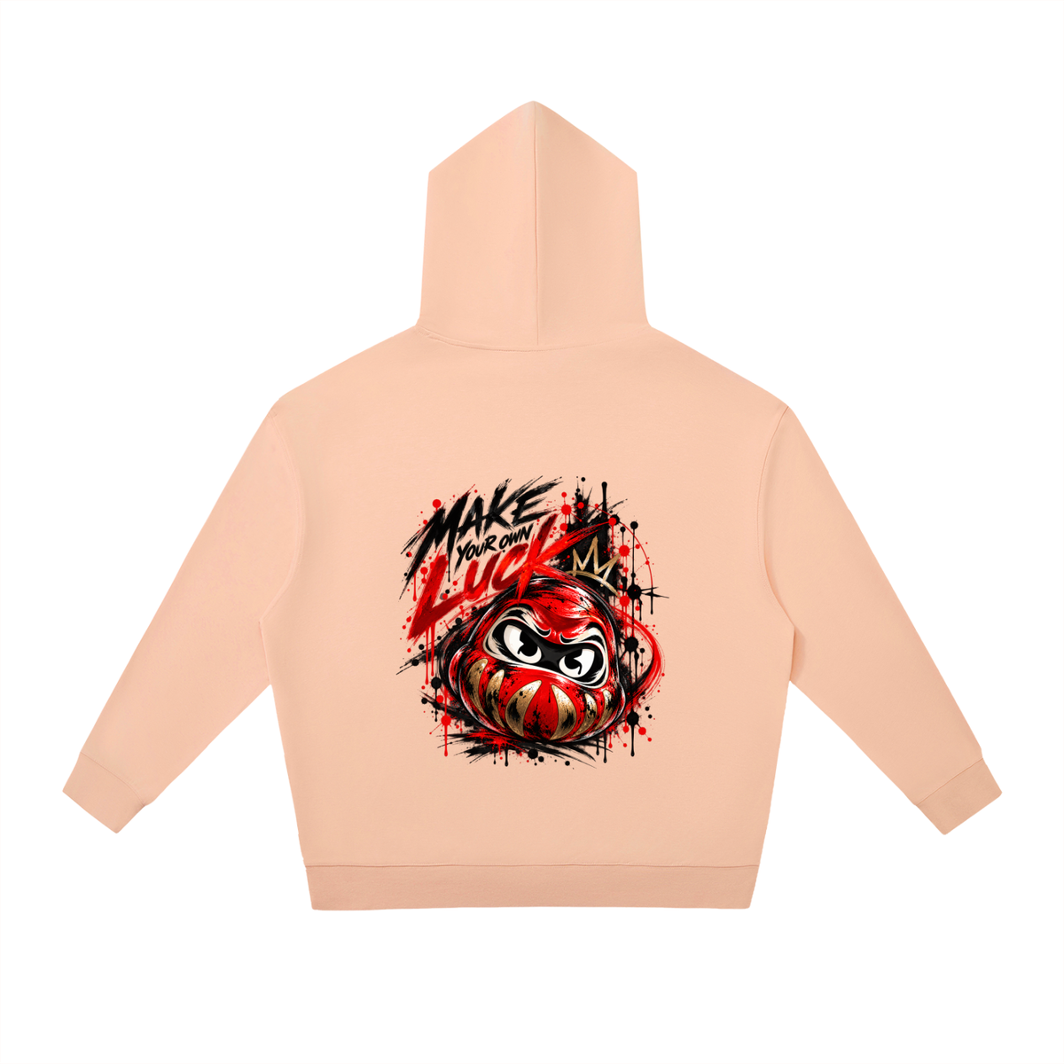 Daruma Luck graphic hoodie in soft peach, featuring an oversized fit and drop shoulders. Back design includes bold text and art.