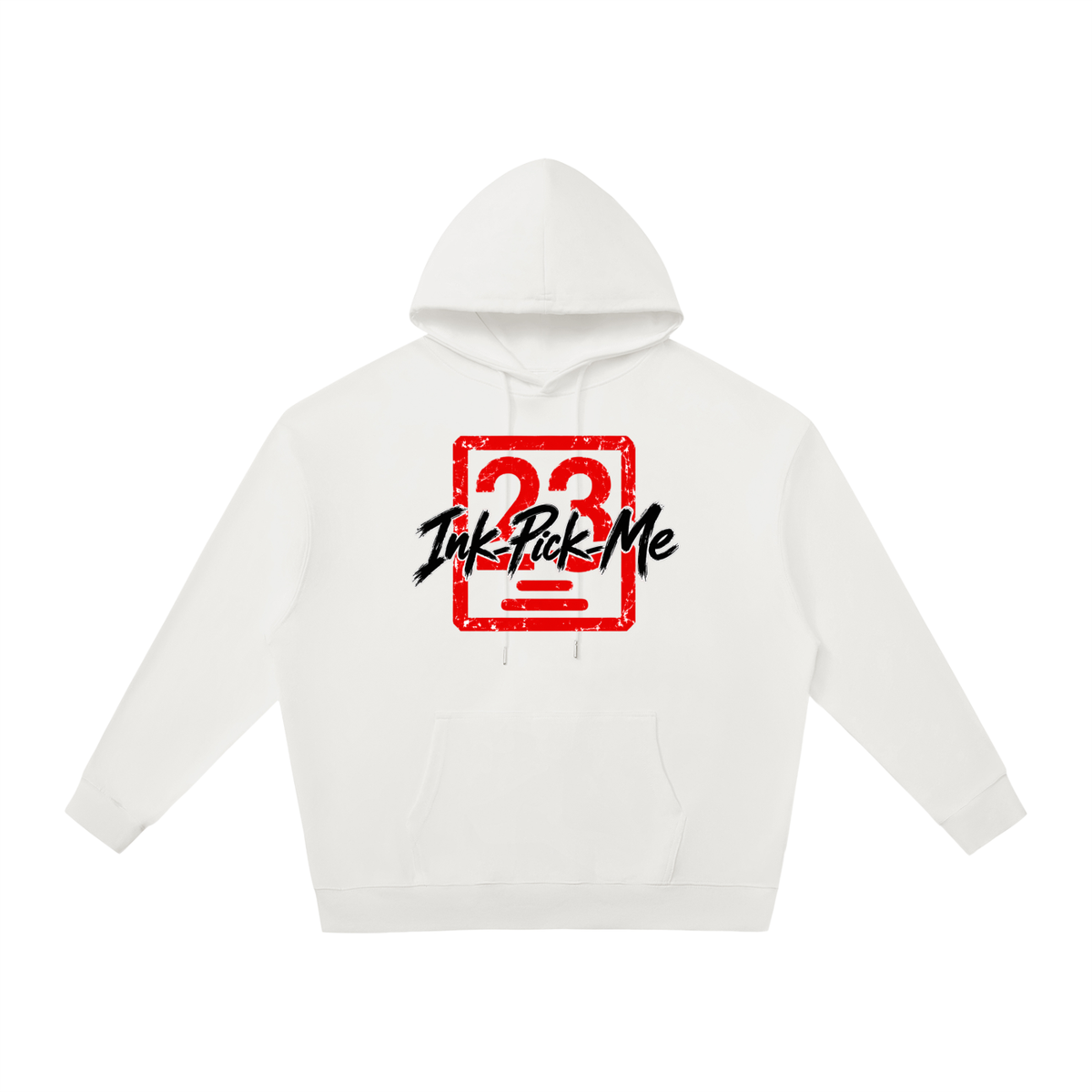 Unisex oversized white hoodie featuring a bold red Daruma graphic and "Ink Pick Me" text, with a kangaroo pocket.