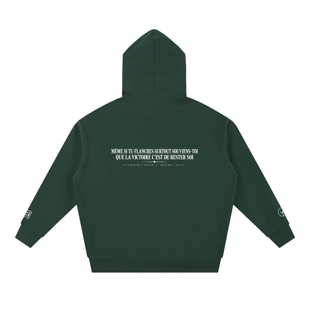 Hoodie Rester soi Ink Pick Me vert foncé, message au dos – vue de dos