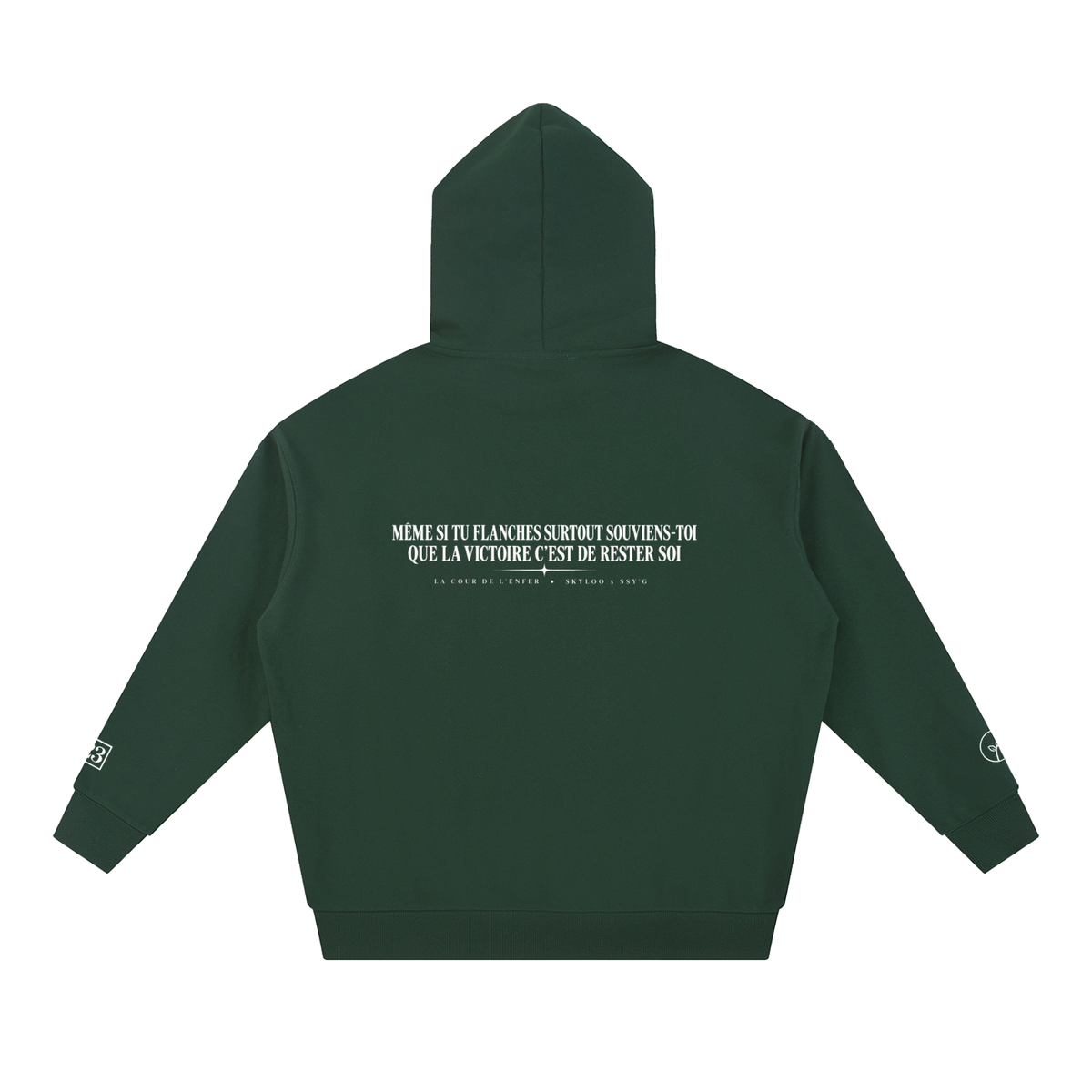 Hoodie Rester soi Ink Pick Me vert foncé, message au dos – vue de dos