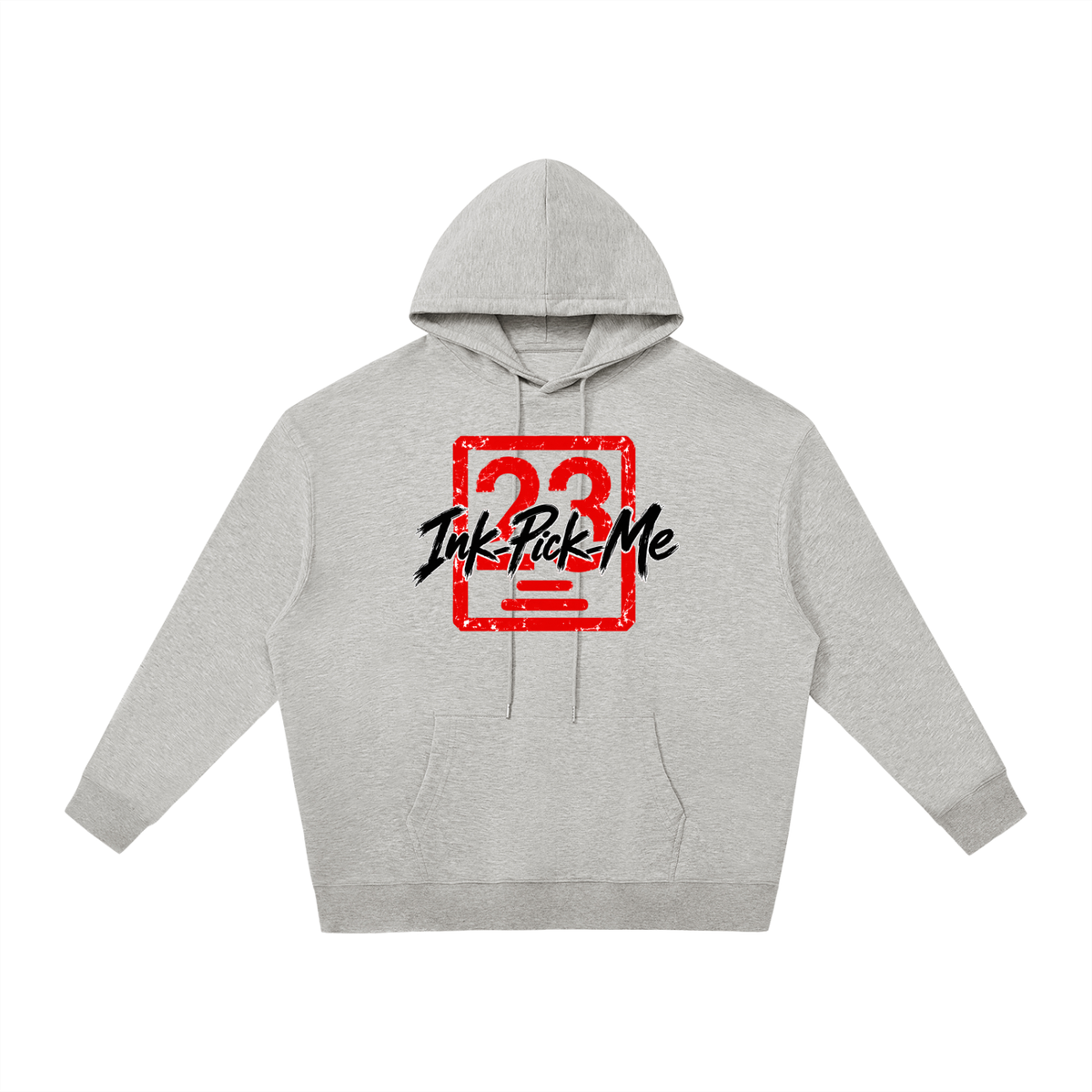 Gray unisex hoodie with a relaxed fit, drop shoulders, front kangaroo pocket, and a bold red graphic design.