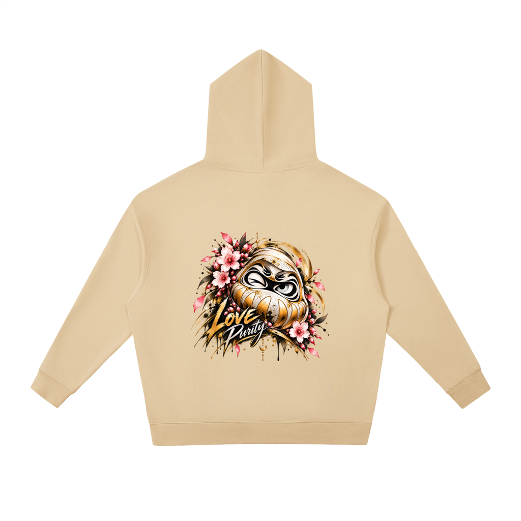 Unisex beige hoodie featuring a large Daruma graphic with flowers and the text "Love Purity" on the back.