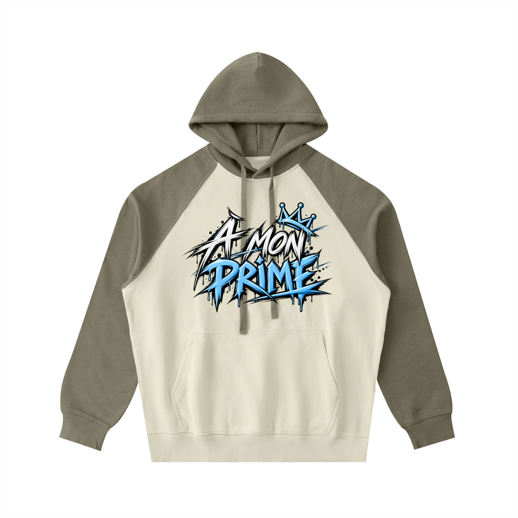 Hoodie oversize Urban Crown Ink Pick Me abricot clair et gris-vert, graffiti « A MON PRIME », poche kangourou
