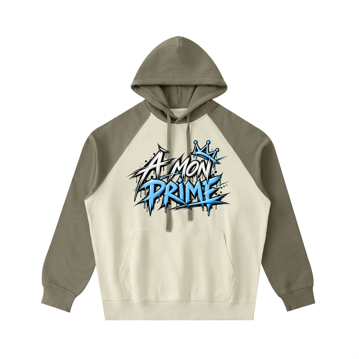 Hoodie oversize Urban Crown Ink Pick Me abricot clair et gris-vert, graffiti « A MON PRIME », poche kangourou
