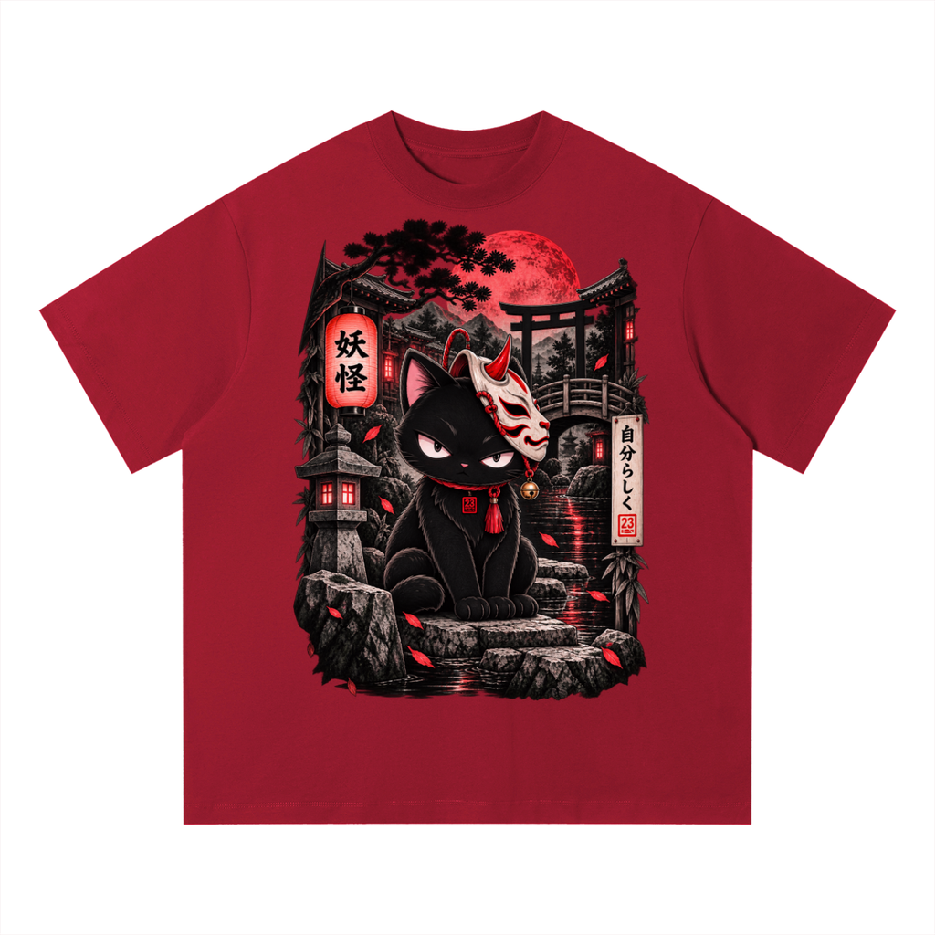 Red oversized t-shirt featuring a graphic design of a black cat wearing a mask, surrounded by Japanese elements.