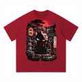 Red oversized t-shirt featuring a graphic design of a black cat wearing a mask, surrounded by Japanese elements.