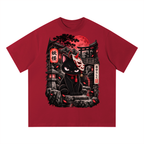 Red oversized t-shirt featuring a graphic design of a black cat wearing a mask, surrounded by Japanese elements.