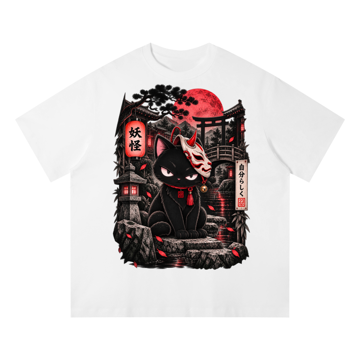 White unisex t-shirt featuring a graphic design of a black cat with a mask, surrounded by Japanese-inspired scenery.