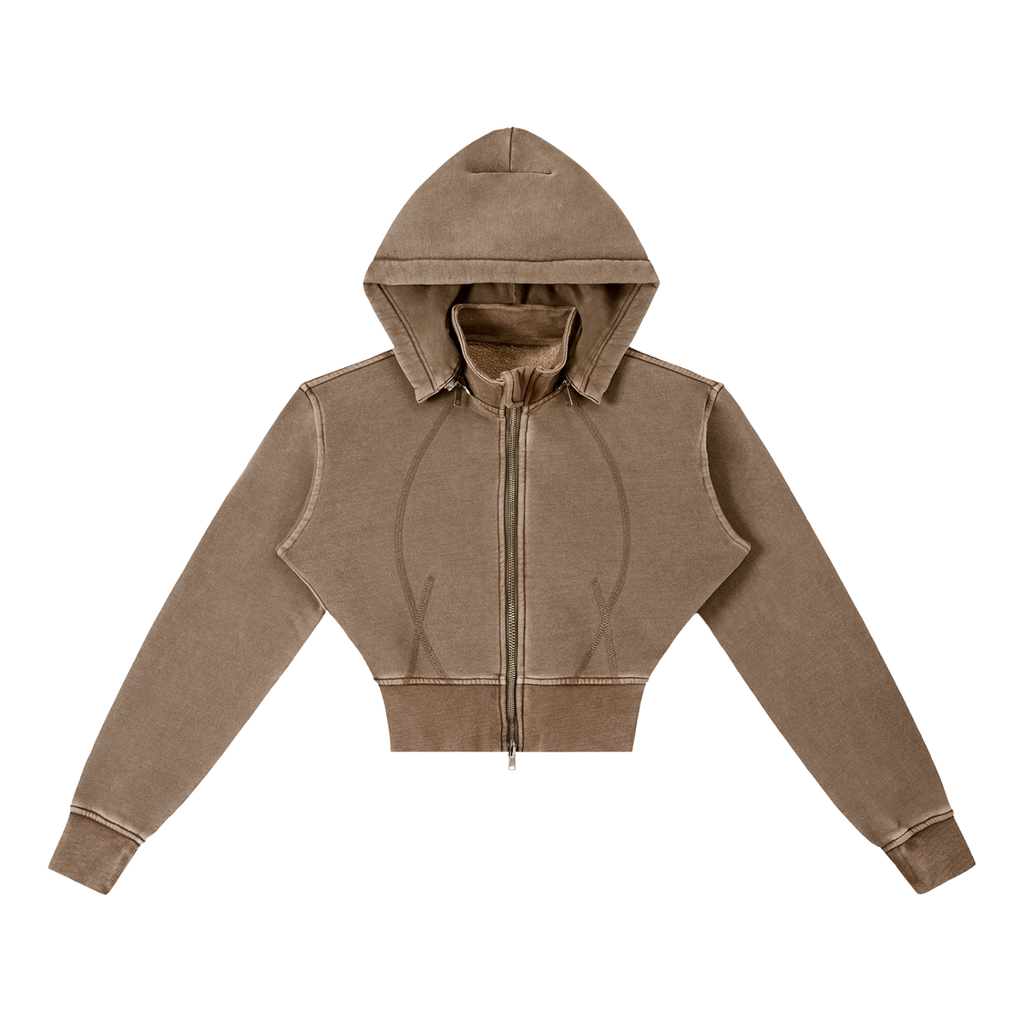 Hoodie cropped zippé café délavé Ink Pick Me – vue de face