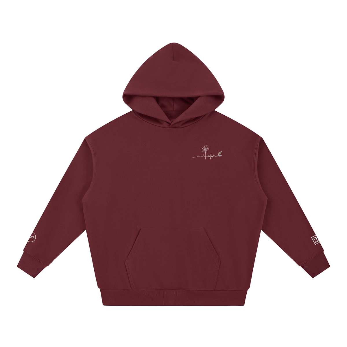 Hoodie Rester soi Ink Pick Me bordeaux, motif arbre et battement de cœur – vue de face