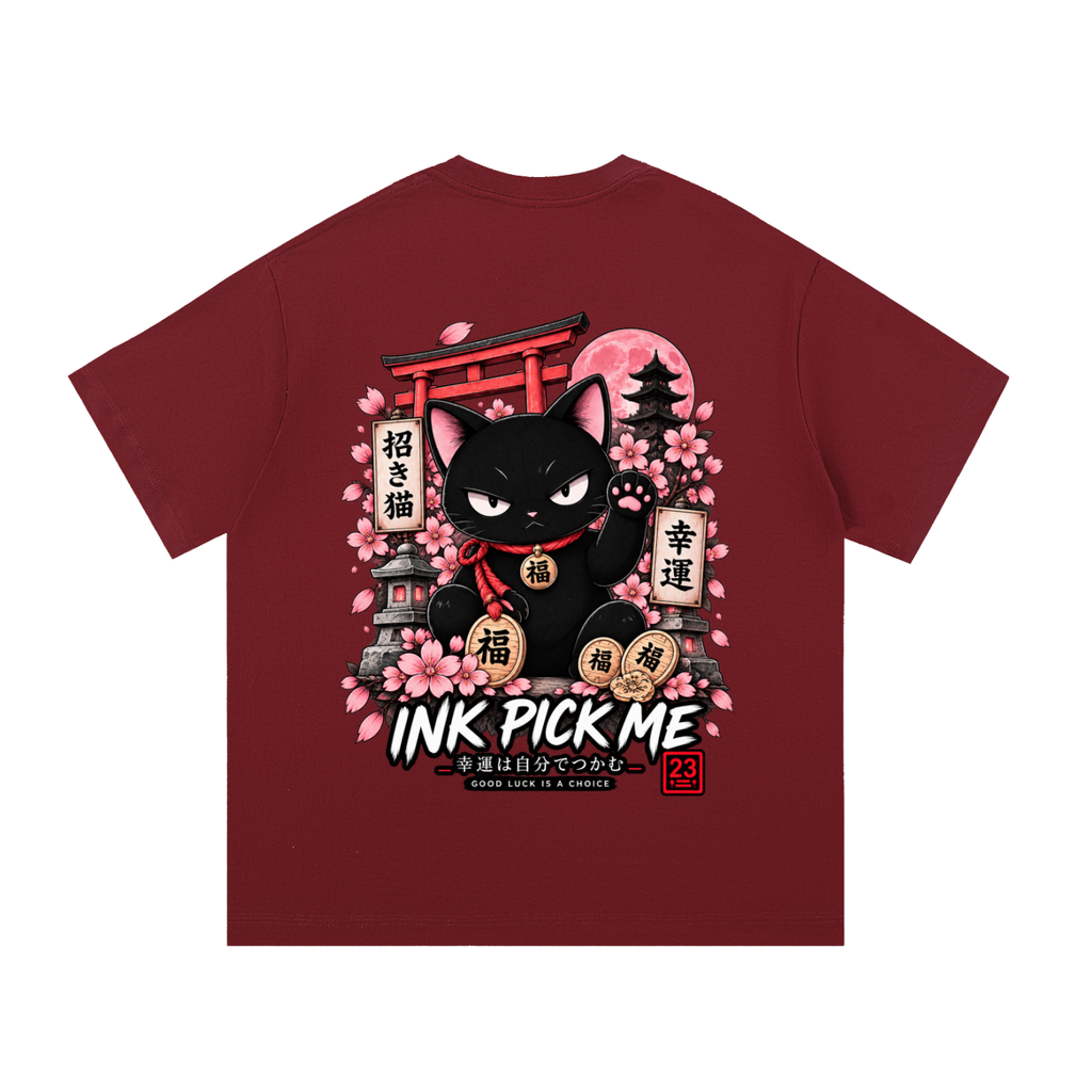 Maroon unisex T-shirt featuring a graphic of a black cat with a red collar, surrounded by sakura and lucky symbols.